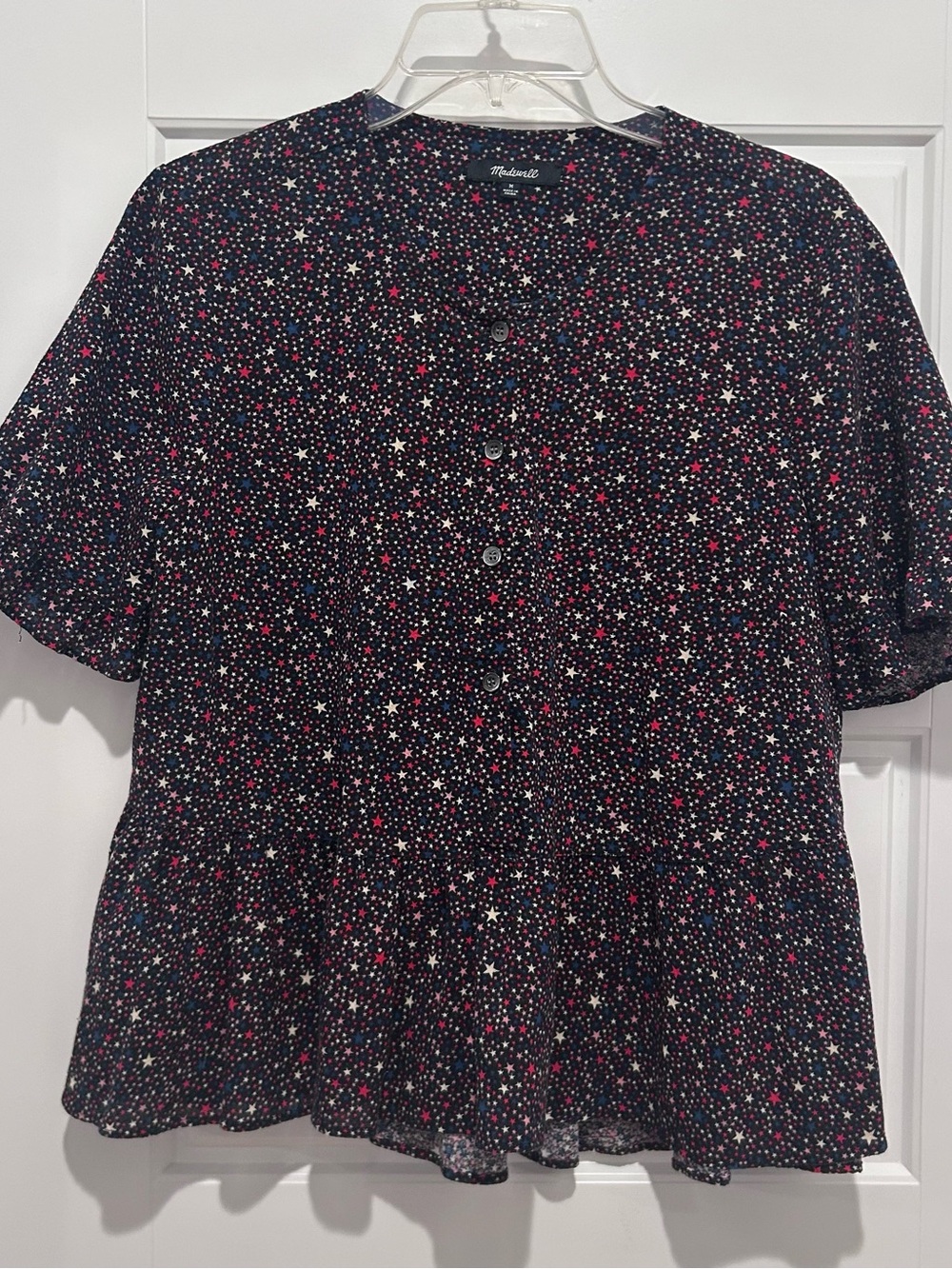 Madewell Button-Front Star Print Peplum Top with Pink, Red, Blue and White Stars